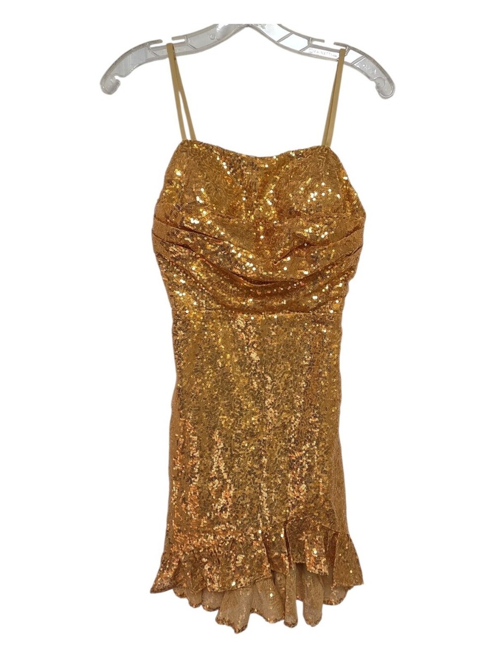 Gold Sequin Spaghetti Strap Asymetrical Dress With Corset Back Size 2